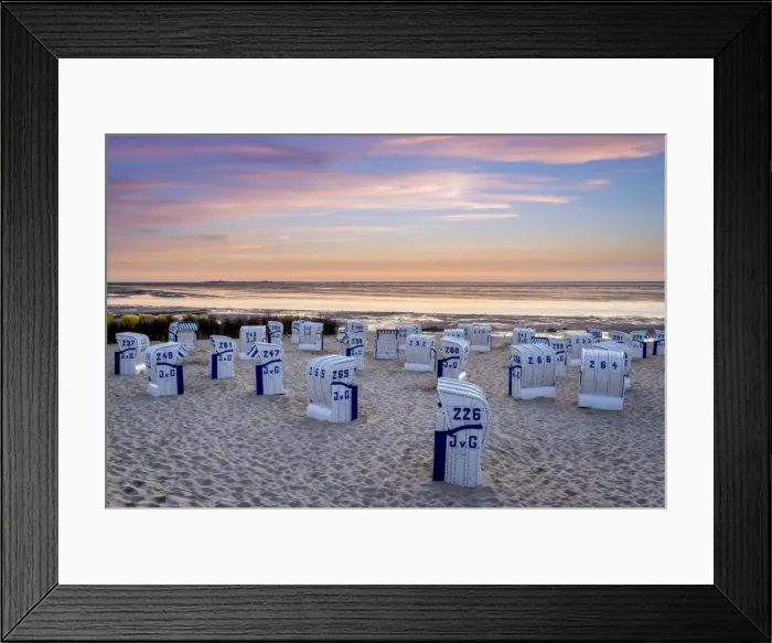 Framed Print : Duhnen, Cuxhaven, Lower Saxony, Germany. Strandkorb beach chairs and the Wadden Sea Framed Print : Duhnen, Cuxhaven, Lower Saxony, Germany. Strandkorb beach chairs and the Wadden Sea