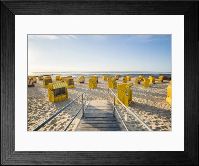 Framed Print : Duhnen, Cuxhaven, Lower Saxony, Germany. Yellow Strandkorbs along the beach Framed Print : Duhnen, Cuxhaven, Lower Saxony, Germany. Yellow Strandkorbs along the beach