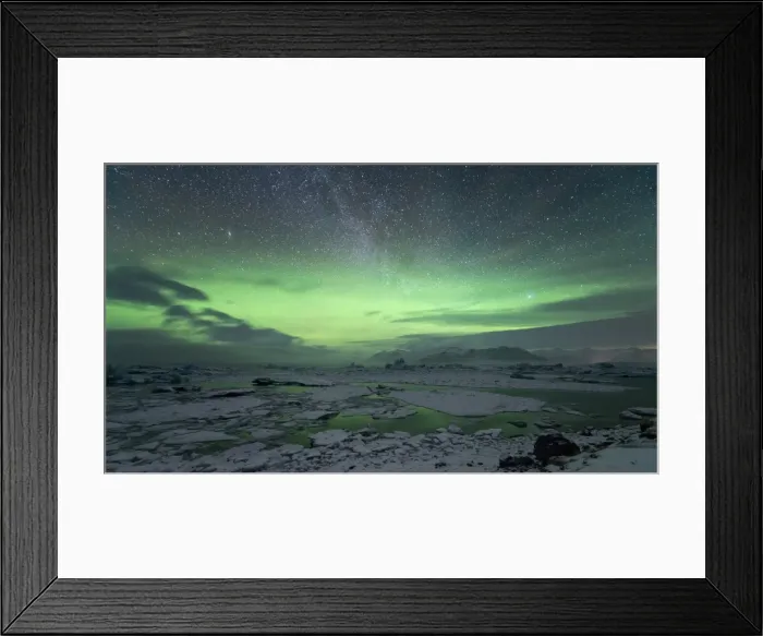 Framed Print : Aurora Borealis and Milky Way in the night sky above Jokulsarlon glacial lagoon, Iceland, Europe Framed Print : Aurora Borealis and Milky Way in the night sky above Jokulsarlon glacial lagoon, Iceland, Europe