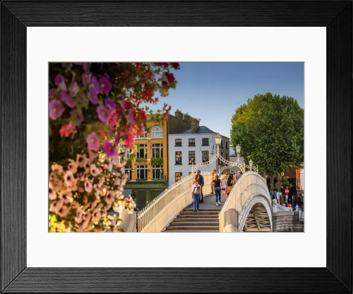 Framed Print : Europe, Dublin, Ireland, tourists crossing the famous Halfpenny bridge on the Liffey