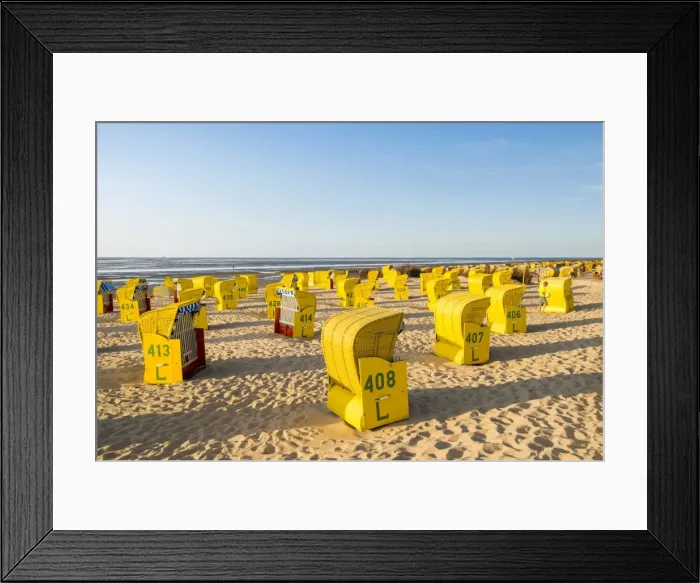 Framed Print : Duhnen, Cuxhaven, Lower Saxony, Germany. Yellow Strandkorbs along the Wadden Sea Framed Print : Duhnen, Cuxhaven, Lower Saxony, Germany. Yellow Strandkorbs along the Wadden Sea