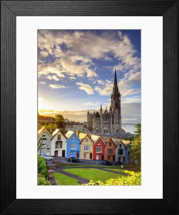 Framed Print : Europe, Ireland, Cork, Cobh Cathedral at colored houses at sunrise Framed Print : Europe, Ireland, Cork, Cobh Cathedral at colored houses at sunrise