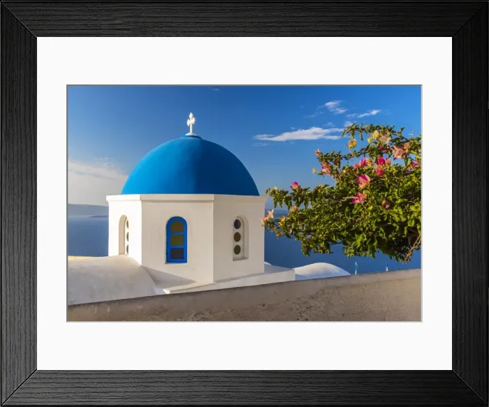 Framed Print : Greek orthodox church with blue dome, Oia, Santorini, South Aegean, Greece