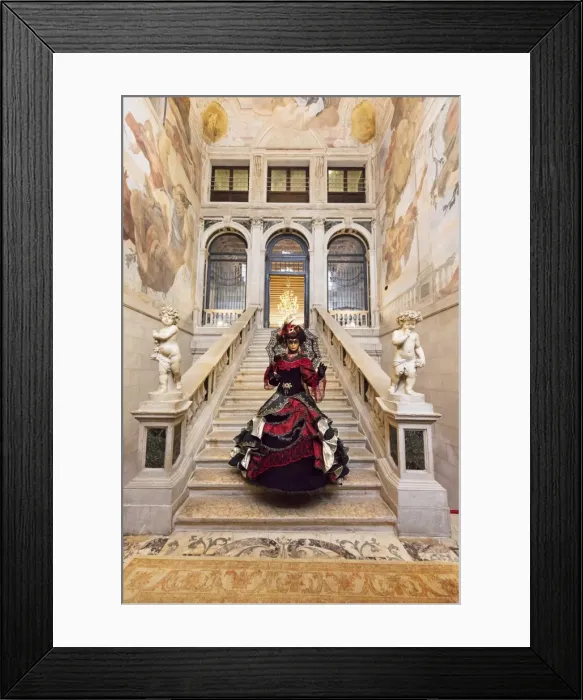 Framed Print : Woman in costume standing on staircase in Ca Segredo palace during Carnival, Venice Framed Print : Woman in costume standing on staircase in Ca Segredo palace during Carnival, Venice