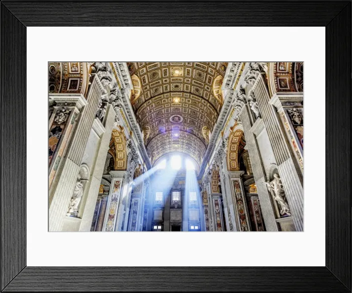 Framed Print : Italy, Rome, St. Peter Basilica interior with sun lights penetrating through Framed Print : Italy, Rome, St. Peter Basilica interior with sun lights penetrating through