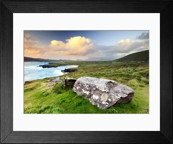 Framed Print : Europe, Ireland, sunset view over Ballyferriter Bay, Sybil Point and the peaks of the Three Sisters