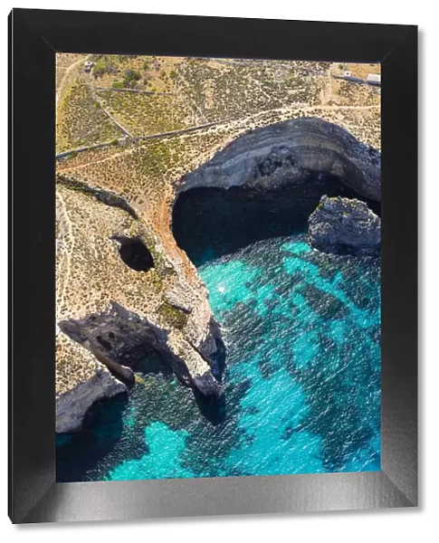 Malta, Gozo Region, Comino. Aerial view of the azure coloured waters of the Blue