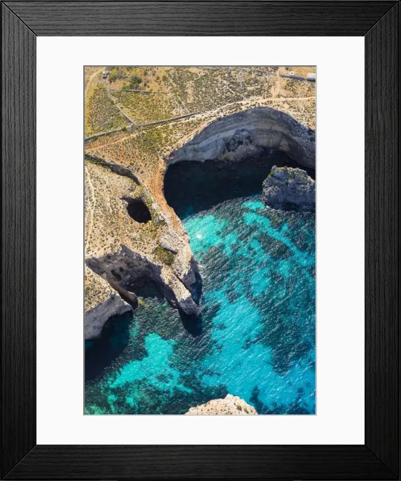 Framed Print : Malta, Gozo Region, Comino. Aerial view of the azure coloured waters of the Blue Framed Print : Malta, Gozo Region, Comino. Aerial view of the azure coloured waters of the Blue