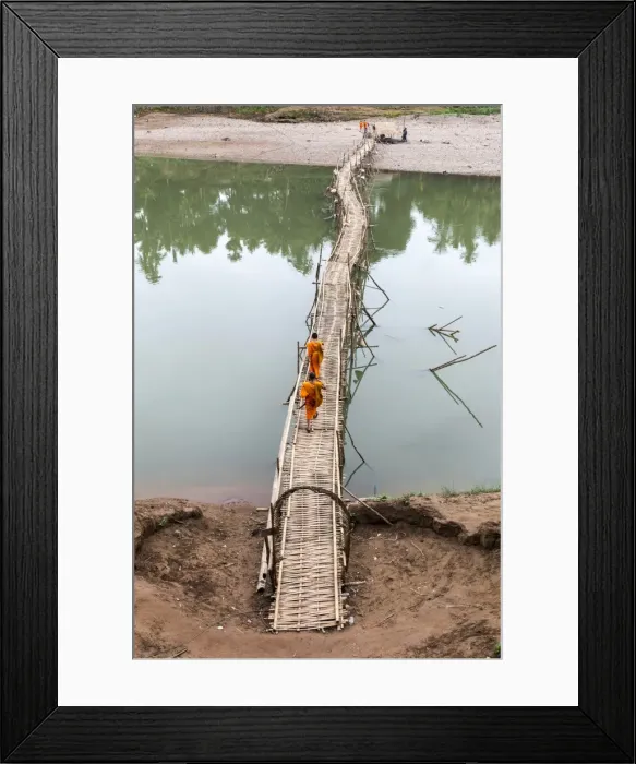 Framed Print : Two buddhist monks walk across bamboo bridge, Luang Prabang, Louangphabang Province, Laos Framed Print : Two buddhist monks walk across bamboo bridge, Luang Prabang, Louangphabang Province, Laos