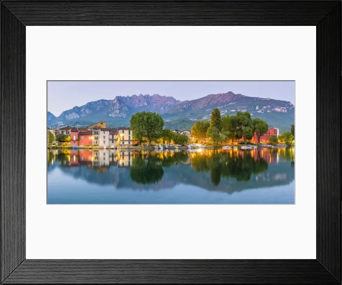 Framed Print : Lecco, Lombardy, Italy. Panoramic view of the colorful houses and the Mount Resegone Framed Print : Lecco, Lombardy, Italy. Panoramic view of the colorful houses and the Mount Resegone