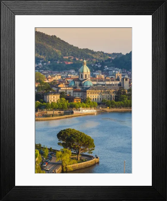 Framed Print : Como, Lombardy, Italy. High angle view cityscape of Como and the lake front, with