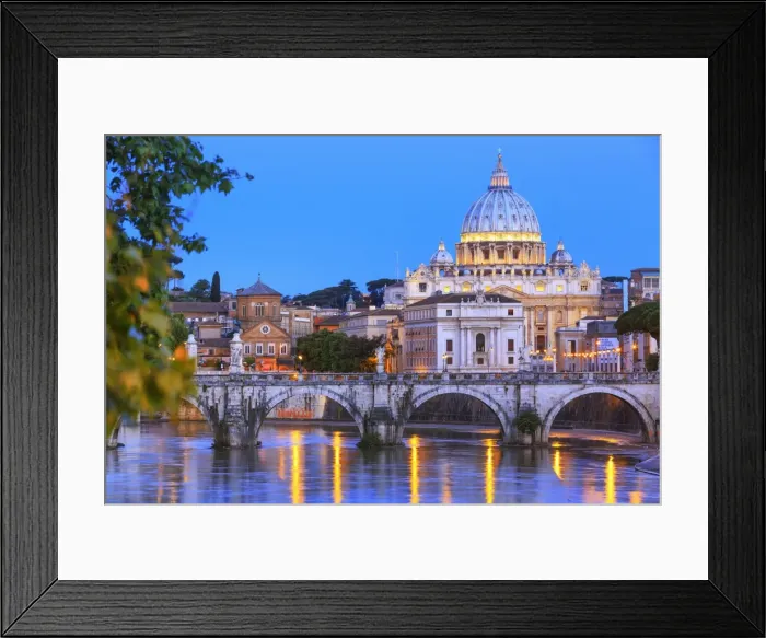 Framed Print : Italy, Rome, St. Peter Basilica by night reflecting on Tevere river