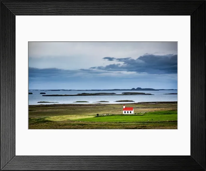 Framed Print : Iceland, Westfiords and lonely church in the green landscape Framed Print : Iceland, Westfiords and lonely church in the green landscape