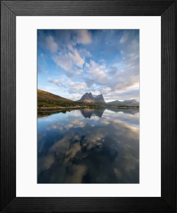 Framed Print : Pink clouds of midnight sun reflected in the clear water of blue sea Anepollen Fjord Framed Print : Pink clouds of midnight sun reflected in the clear water of blue sea Anepollen Fjord