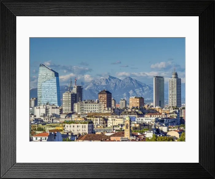 Framed Print : City skyline with the Alps in the background, Milan, Lombardy, Italy Framed Print : City skyline with the Alps in the background, Milan, Lombardy, Italy