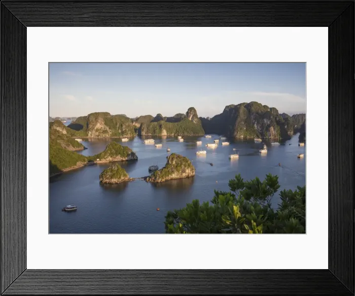 Framed Print : Boats anchored at Ti Top surrounded by karst mountains, Halong Bay, Quang Ninh Province Framed Print : Boats anchored at Ti Top surrounded by karst mountains, Halong Bay, Quang Ninh Province