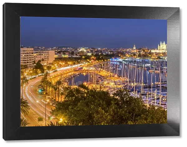 City skyline by night, Palma, Majorca, Balearic Islands, Spain