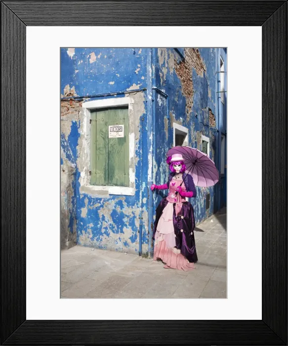 Framed Print : Woman in pink costume holding umbrella during Carnival, Island of Burano, Venice