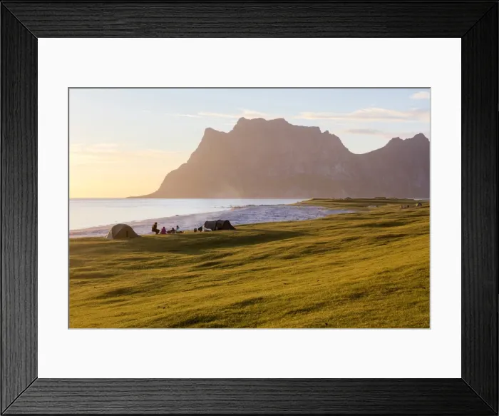 Framed Print : Camping tents on green meadows next to sea lighted up by midnight sun Uttakleiv Lofoten Framed Print : Camping tents on green meadows next to sea lighted up by midnight sun Uttakleiv Lofoten