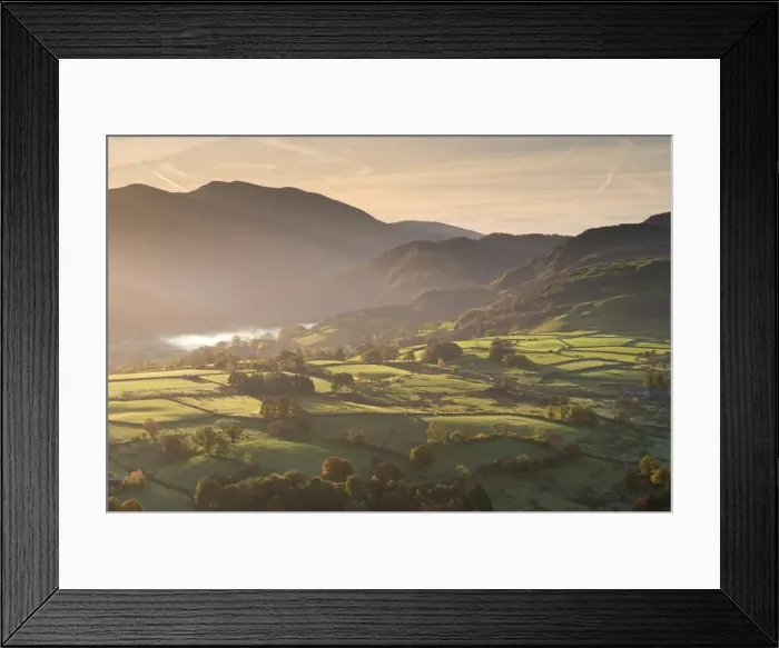 Framed Print : Sunlit rolling countryside near Keswick, Lake District National Park, Cumbria, England