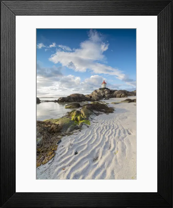 Framed Print : Midnight sun lights up lighthouse on cliffs surrounded by sea and sand Eggum Unstad Framed Print : Midnight sun lights up lighthouse on cliffs surrounded by sea and sand Eggum Unstad