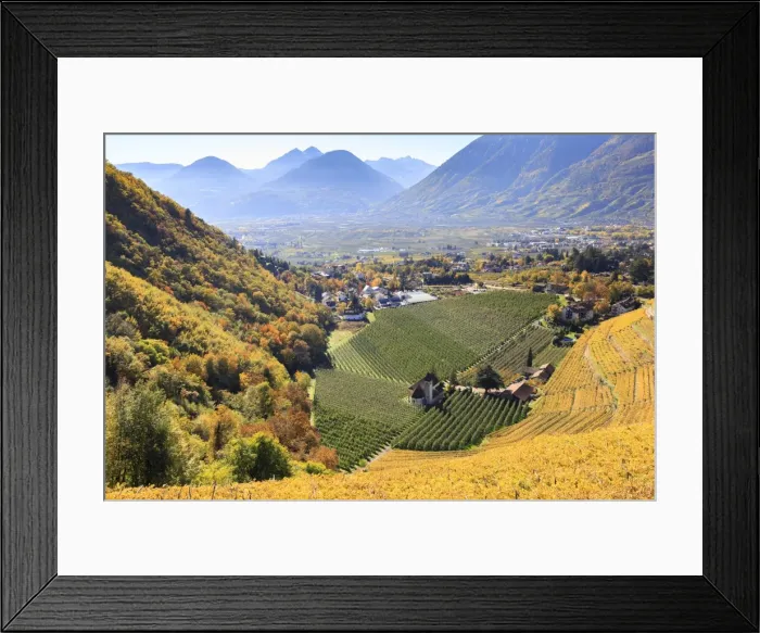 Framed Print : View towards St. Valentin Church and Trauttmansdorf Castle from vineyards Framed Print : View towards St. Valentin Church and Trauttmansdorf Castle from vineyards