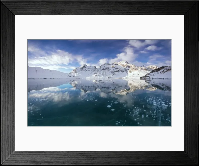 Framed Print : Panorama of ice bubbles and frozen surface of Lago Bianco at dawn Bernina Pass canton Framed Print : Panorama of ice bubbles and frozen surface of Lago Bianco at dawn Bernina Pass canton