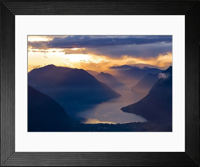 Framed Print : Sunset over the mountains and the lake Lugano, Switzerland Framed Print : Sunset over the mountains and the lake Lugano, Switzerland