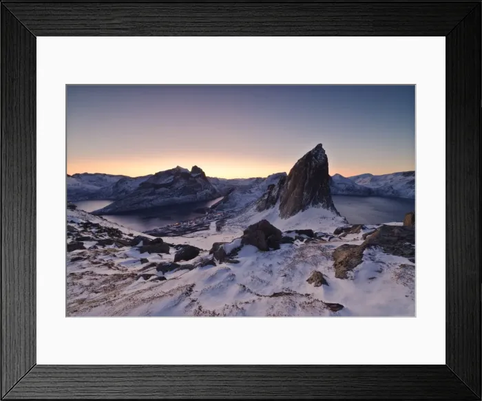 Framed Print : View of Mount Segla from peak Hesten with village of Fjordgard on left in Ornfjorden Framed Print : View of Mount Segla from peak Hesten with village of Fjordgard on left in Ornfjorden