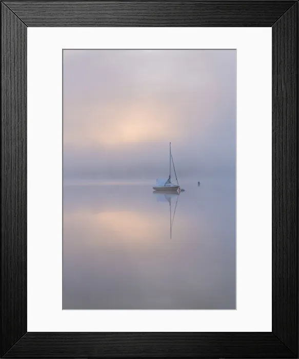 Framed Print : Sailing boat in misty conditions at dawn on a reflective Wimbleball Lake, Exmoor National Park Framed Print : Sailing boat in misty conditions at dawn on a reflective Wimbleball Lake, Exmoor National Park