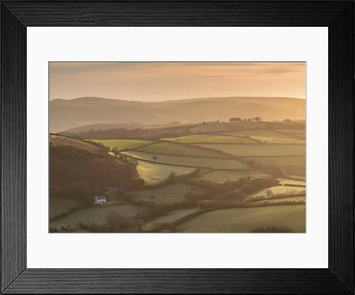 Framed Print : Farmhouse in idyllic rolling countryside at dawn, Dartmoor National Park, Devon, England Framed Print : Farmhouse in idyllic rolling countryside at dawn, Dartmoor National Park, Devon, England