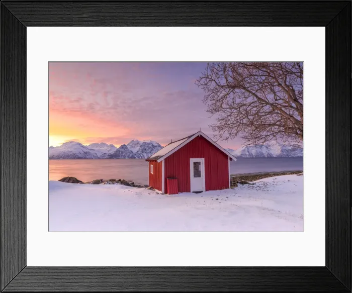 Framed Print : Traditional Norwegian house during a sunset on the fjord. Nordmannvik, Kafjord, Lyngen Alps