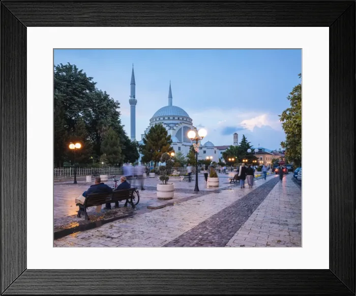 Framed Print : Street scene with Exterior of Xhamia e Madhe Mosque in background, Old Town, Shkodra Framed Print : Street scene with Exterior of Xhamia e Madhe Mosque in background, Old Town, Shkodra