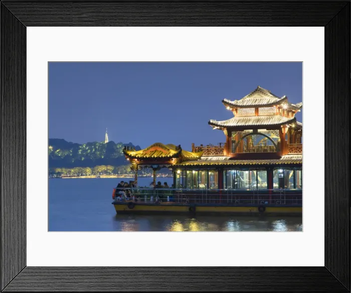 Framed Print : Floating restaurant on West Lake (UNESCO World Heritage Site) at dusk, Hangzhou, Zhejiang Framed Print : Floating restaurant on West Lake (UNESCO World Heritage Site) at dusk, Hangzhou, Zhejiang