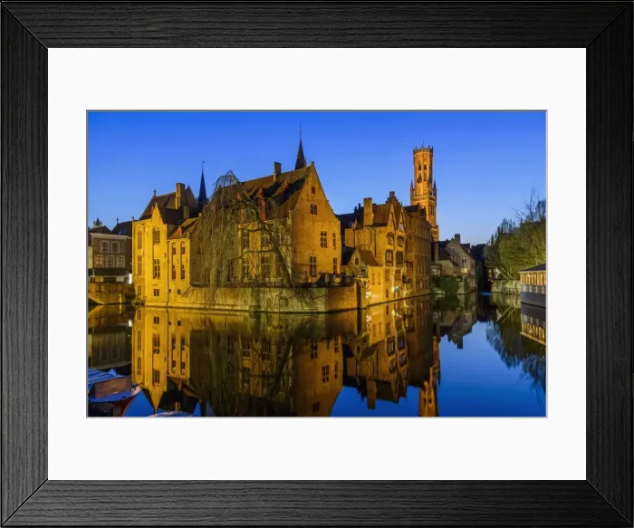 Framed Print : Dijver canal with Belfort medieval tower in the background, Bruges, West Flanders Framed Print : Dijver canal with Belfort medieval tower in the background, Bruges, West Flanders