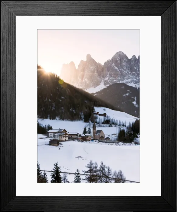 Framed Print : Sankt Magdalena in a winter sunrise in Funes valley, Odle Natural park in Trentino Framed Print : Sankt Magdalena in a winter sunrise in Funes valley, Odle Natural park in Trentino