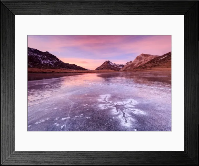 Framed Print : Pink sky at sunset frames the frozen surface of Lej Nair Bernina Pass Canton of Graubunden Framed Print : Pink sky at sunset frames the frozen surface of Lej Nair Bernina Pass Canton of Graubunden
