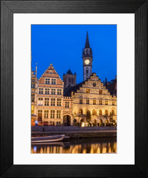 Framed Print : Night view of Graslei quay with Post Plaza tower, Ghent, East Flanders, Belgium Framed Print : Night view of Graslei quay with Post Plaza tower, Ghent, East Flanders, Belgium