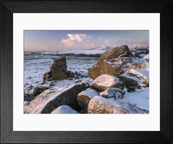 Framed Print : Snow dusted granite outcrops on Hound Tor, Dartmoor National Park, Devon, England Framed Print : Snow dusted granite outcrops on Hound Tor, Dartmoor National Park, Devon, England
