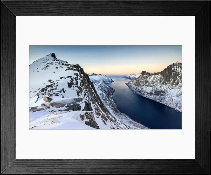 Framed Print : Panorama of snowy mountains and icy sea surrounding Peak Barden at sunset Ornfjorden Framed Print : Panorama of snowy mountains and icy sea surrounding Peak Barden at sunset Ornfjorden