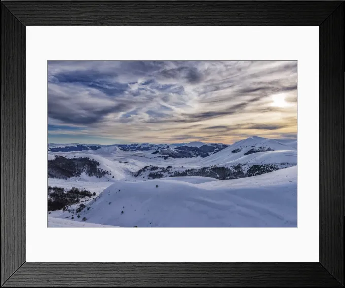 Framed Print : Italy, Umbria, Sibillini National Park, Sunset on plateau Piano Grande of Castelluccio