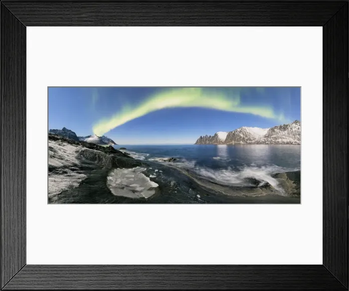 Framed Print : Panorama of frozen sea and rocky peaks illuminated by the Northern Lights Tungeneset Framed Print : Panorama of frozen sea and rocky peaks illuminated by the Northern Lights Tungeneset