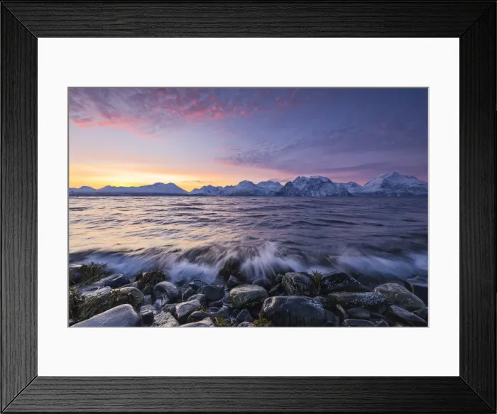 Framed Print : The waves breaking on the stones beach during sunset. Nordmannvik, Kafjord, Lyngen Alps Framed Print : The waves breaking on the stones beach during sunset. Nordmannvik, Kafjord, Lyngen Alps