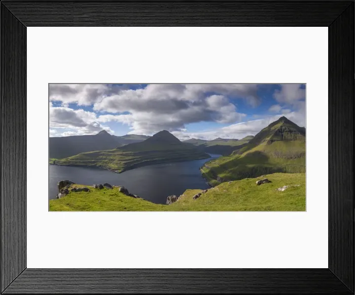 Framed Print : Mountains surrounding Funningsfjordur on the island of Eysturoy, Faroe Islands, Denmark Framed Print : Mountains surrounding Funningsfjordur on the island of Eysturoy, Faroe Islands, Denmark