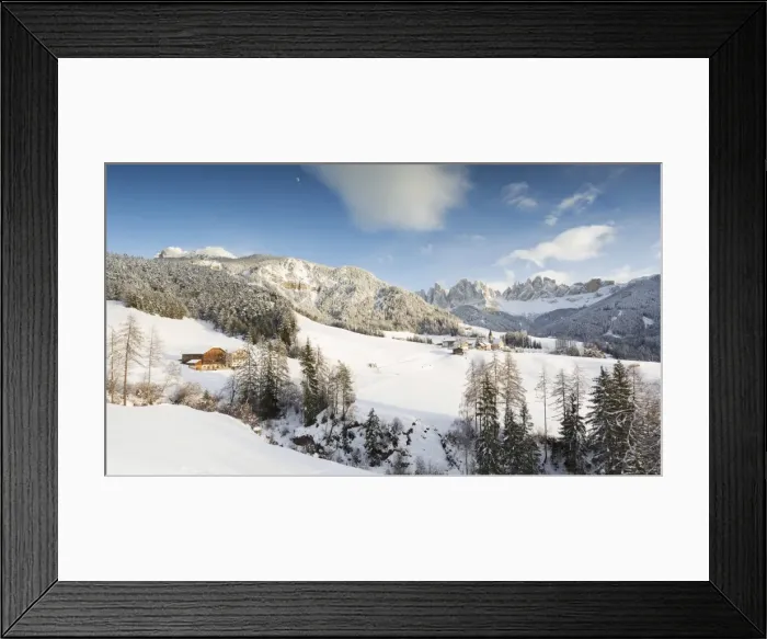 Framed Print : a beautiful winter landscape of Villnoss with the Geisler in the background, Bolzano province