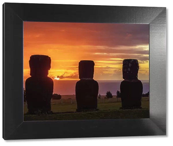 Moais in Ahu Akivi at sunset, Rapa Nui National Park, Easter Island, Chile
