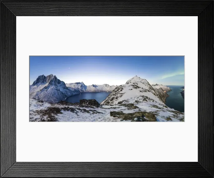 Framed Print : Panoramic view of the icy sea along the Mefjorden to Ornfjorden towards the peak Framed Print : Panoramic view of the icy sea along the Mefjorden to Ornfjorden towards the peak