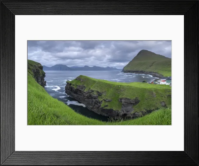 Framed Print : Cliff top view over the gorge at Gjogv towards the island of Kalsoy, Eysturoy, Faroe Islands Framed Print : Cliff top view over the gorge at Gjogv towards the island of Kalsoy, Eysturoy, Faroe Islands