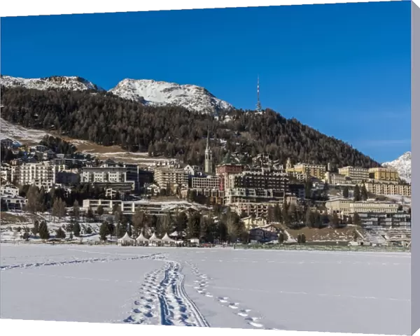 Winter view of St. Moritz from its frozen lake, Graubunden, Switzerland