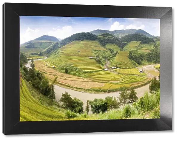 A river flows through lush, green rice terraces, Mu Cang Chai, Yen Bai Province, Vietnam